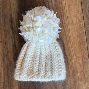 Neiman Marcus Cream Knit Beanie with Sequins